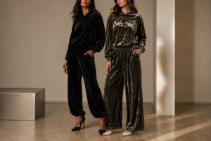 Duas modelos vestem conjuntos de veludo sofisticados em ambiente minimalista com iluminação suave e elegante.
