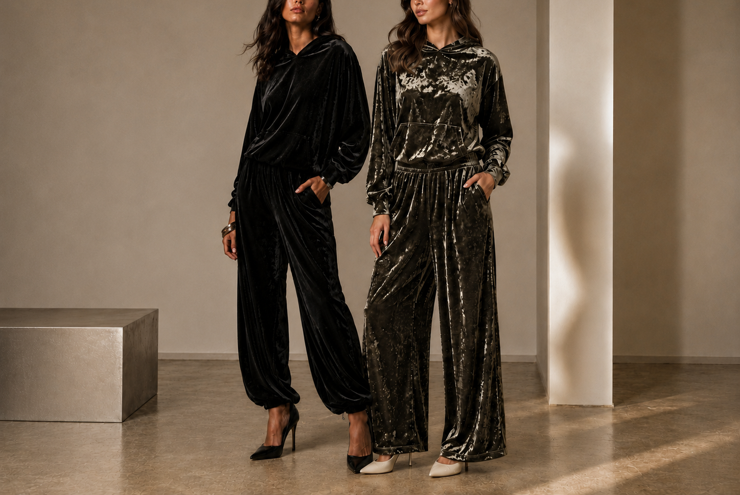 Duas modelos vestem conjuntos de veludo sofisticados em ambiente minimalista com iluminação suave e elegante.