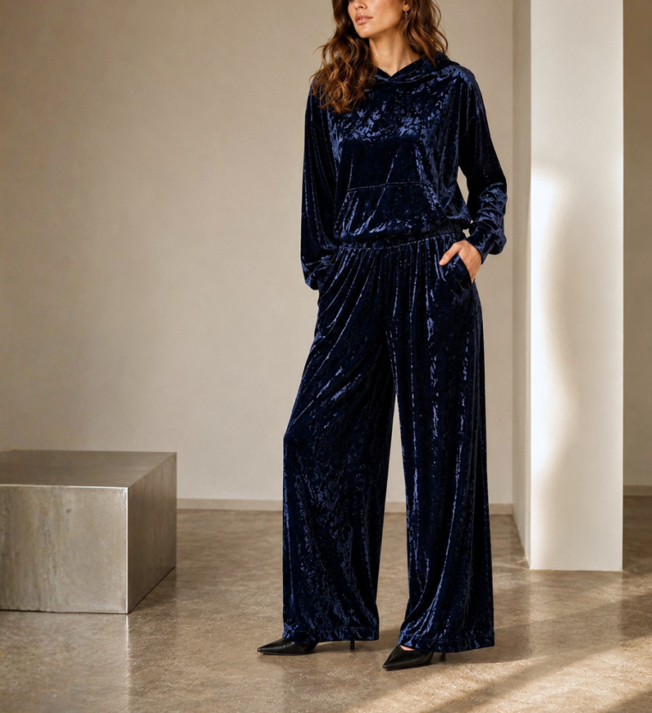 Modelo com conjunto de veludo azul-marinho, composto por blusa com capuz e calça pantalona ampla.