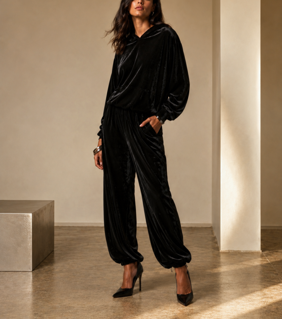 Modelo usando conjunto de veludo preto com blusa de manga longa e calça harém de caimento fluido.