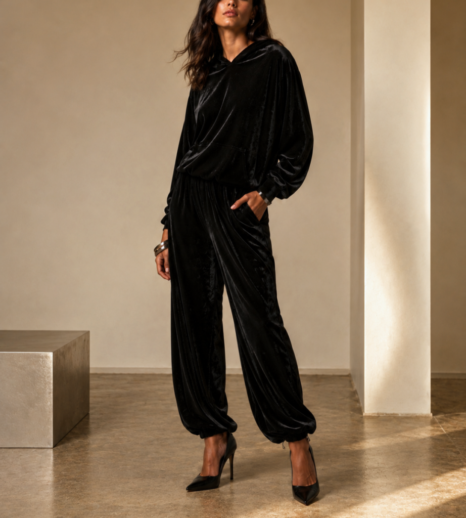 Modelo usando conjunto de veludo preto com blusa de manga longa e calça harém de caimento fluido.