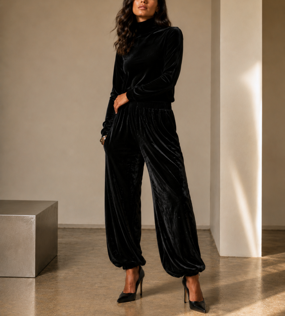 Modelo usando conjunto de veludo preto com blusa de manga longa e calça harém de caimento fluido.