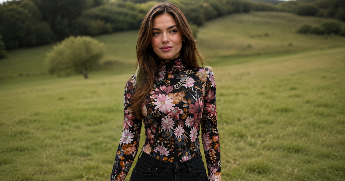 Modelo em campo gramado usando blusa de gola alta com estampa floral em tons de rosa, preto e marrom, e calça preta.