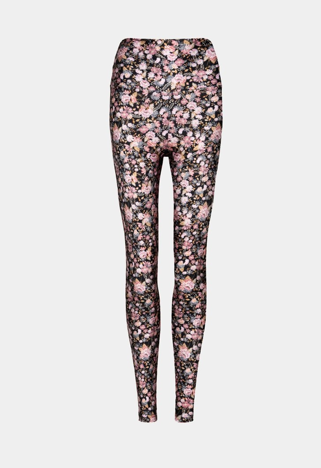 Legging de cintura alta com estampa floral em tons de rosa sobre fundo preto, exibida em fundo cinza.
