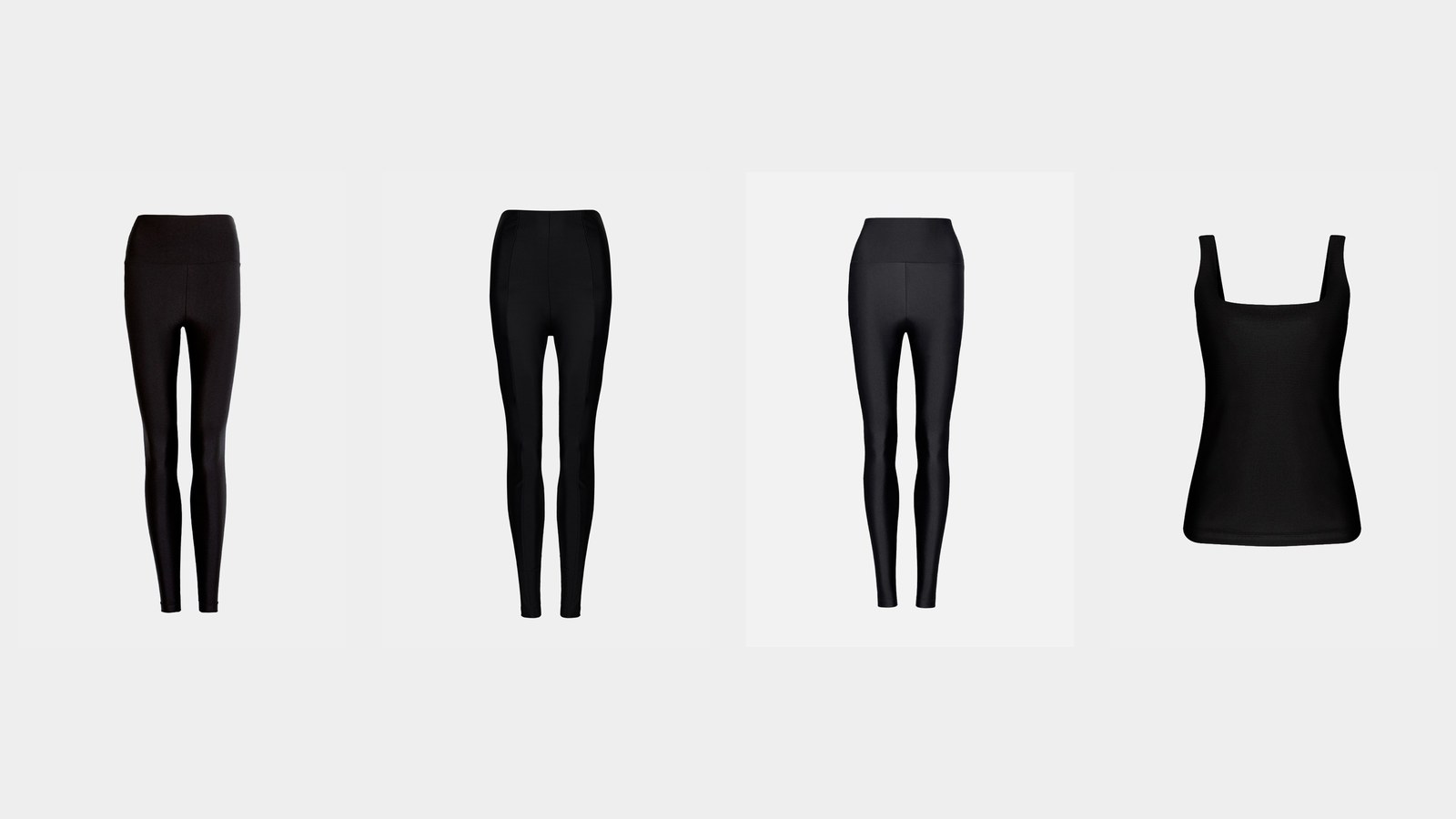 Legging Lycra Classic Preta + Calça Prada Cavalier Preta + Legging Lycra Classic Granito + Regata Lycra Classic Preta da Forlegs em composição sobre como lavar peças de lycra