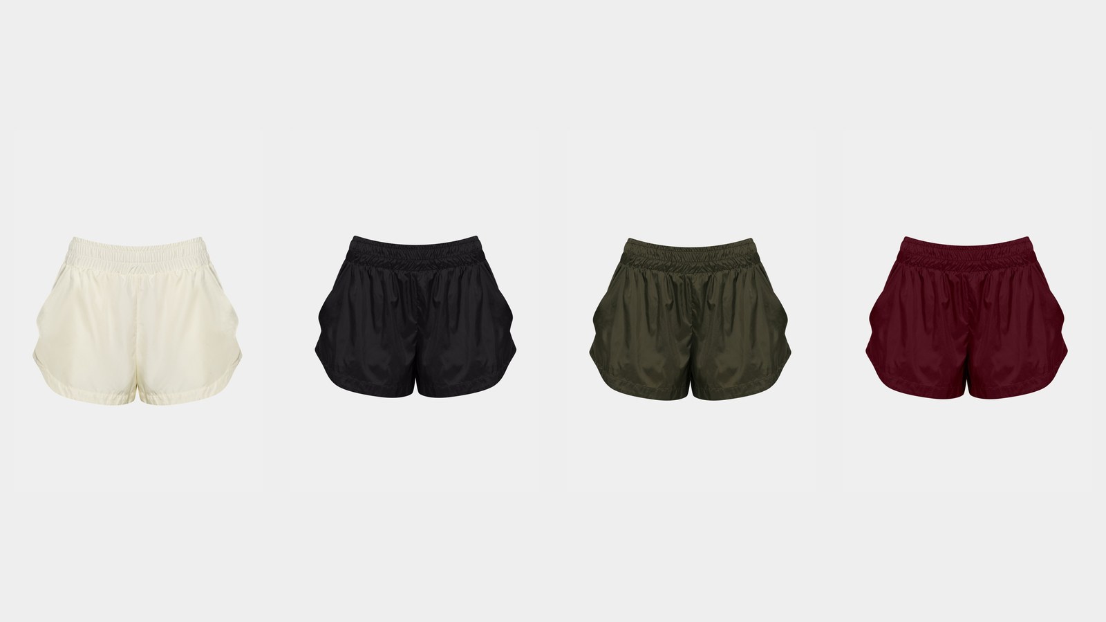 Shorts Parachute Open Air Baunilha + Shorts Parachute Open Air Preto + Shorts Parachute Open Air Verde Militar + Shorts Parachute Open Air Vinho da Forlegs em composição sobre como